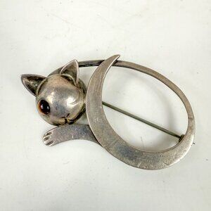 George Jensen JoPol Sterling Silver Sleeping Winking Cat Brooch Tigers Eye